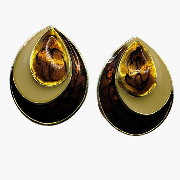 Vintage Teardrop Pierced Post Earrings Gold Brown Beige - Picture 2 of 6